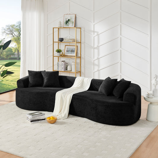 Modern Cloud 4-Seater Sectional Curved Sofa, Minimalist Compression Living Room Couch, No Assembly Needed, Chenille, Black W1413S00104