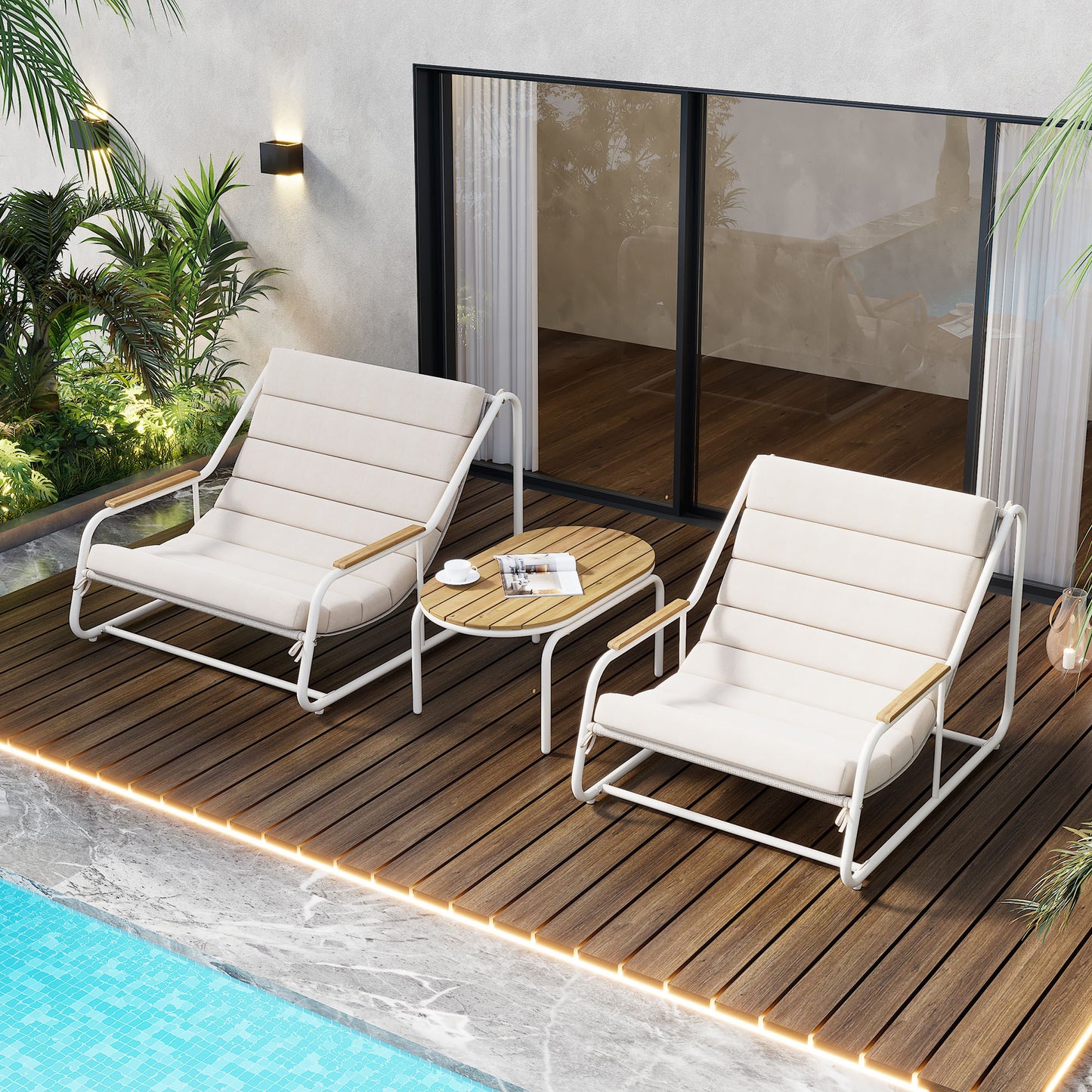 TREXM Outdoor Chaise Lounge Chairs Set of 3, Patio Chaise Lounge Chair with Acacia Side Table, Pool Lounge Chairs for Lawn, Deck, Beach, Beige+White  N715P237243K