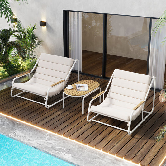 TREXM Outdoor Chaise Lounge Chairs Set of 3, Patio Chaise Lounge Chair with Acacia Side Table, Pool Lounge Chairs for Lawn, Deck, Beach, Beige+White  N715P237243K