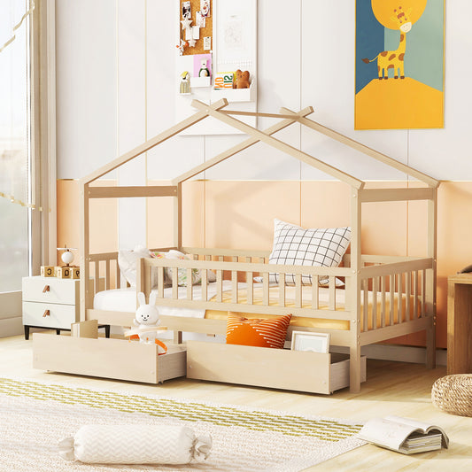 Twin Size Wooden House Bed with Two Drawers, Natural  WF302181AAN