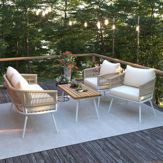 K&K 4-Piece Boho Rope Patio Furniture Set, Outdoor Furniture with Acacia Wood Table, Patio Conversation Set with Deep Seating & Thick Cushion for Backyard Porch Balcony, Beige  SK000004AAZ