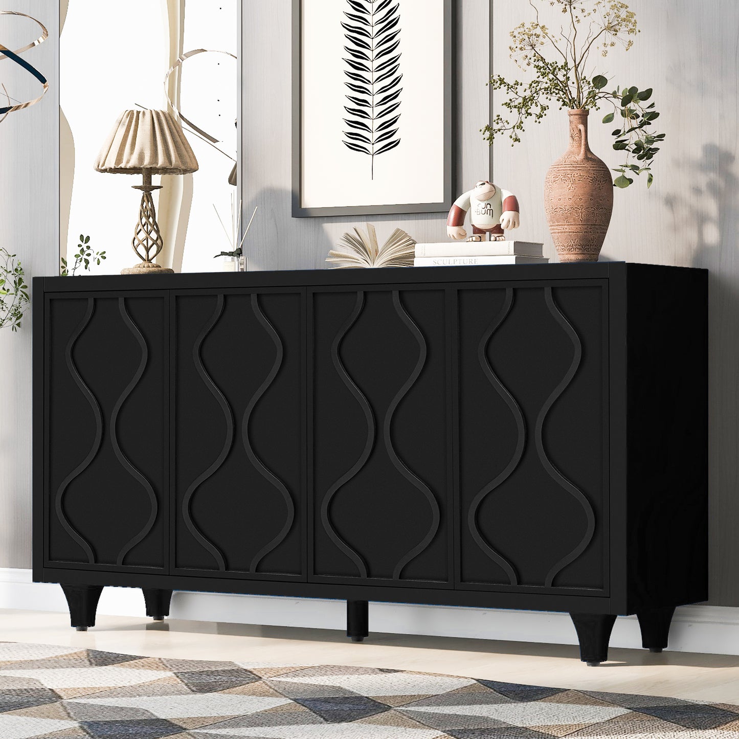 U_STYLE Stylish Storage Cabinet Sideboard Wooden Cabinet with Embossed Curved Doors,Suitable for Living Rooms, Entrance and Study Rooms  N711P205936B