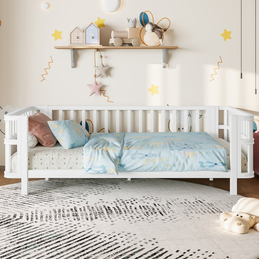 Children's double wooden platform bed with railings, a low iron double bed with railings, suitable for girls and boys, (Twin,White) W1858P389993