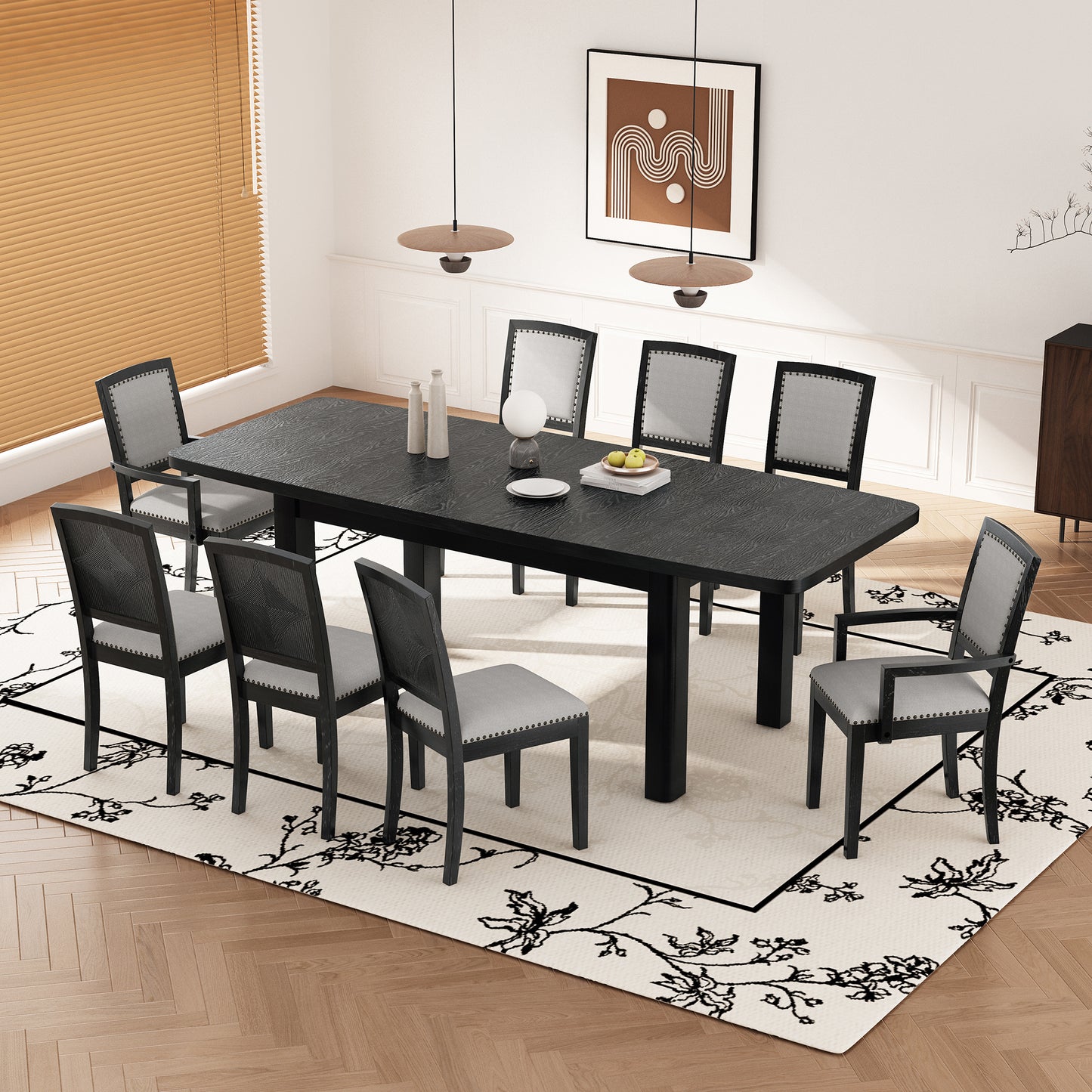 TOPMAX Rustic Extendable 84inch Dining Table Set with 24inch Removable Leaf , 6 Upholstered Armless Dining Chairs and 2 Padded Arm Chairs, 9 Pieces, Black  SP000038AAB
