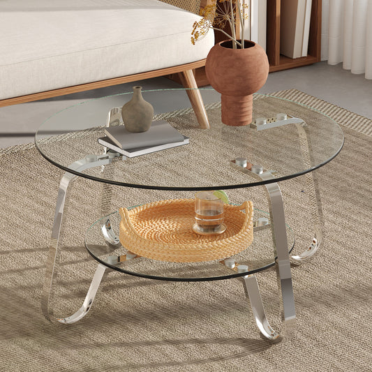 Retro minimalist style metal frame double-layer tempered glass coffee table, size 31.5 * 31.5 * 17.7 inches, adding a touch of elegance to your living room W3875P391118