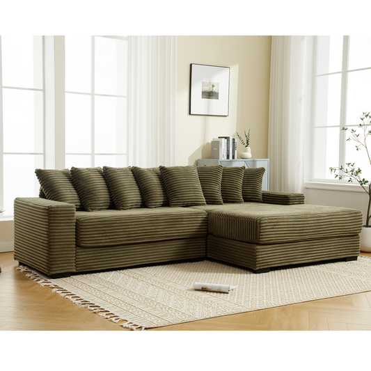 [NEW ARRIVED] [VIDEO PROVIDED] Oversized Two-Piece Couches, L Shaped Sofa, Corduroy, Right Chaise Daybed,with Armrests,Eight Throw Pillows,Corner Sofa,Easy To Assemble, Green W2108S00061