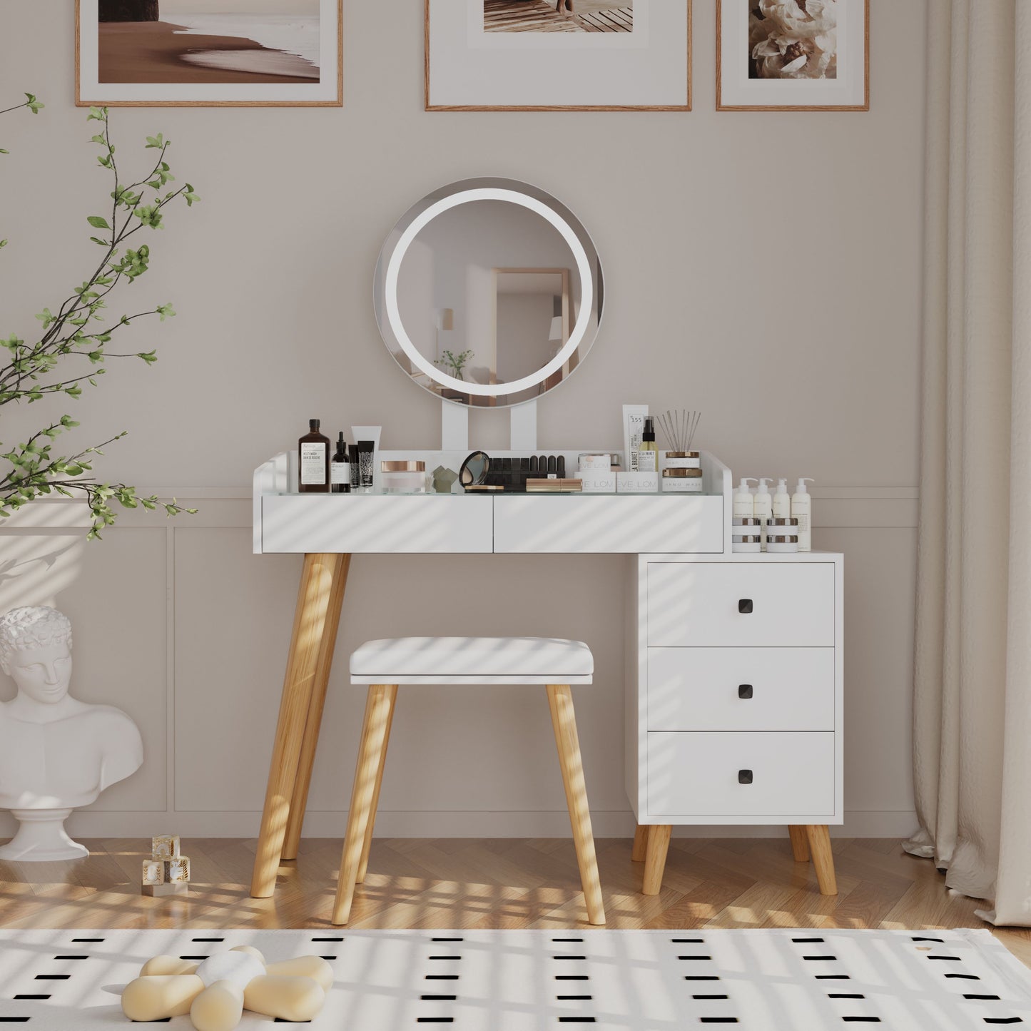 Dressing Table with LED Lights Glass Top Dressing Table with Extendable Side Table 5 Drawers Dressing Table with Mirror and Stool for Bedroom  W2139P193930