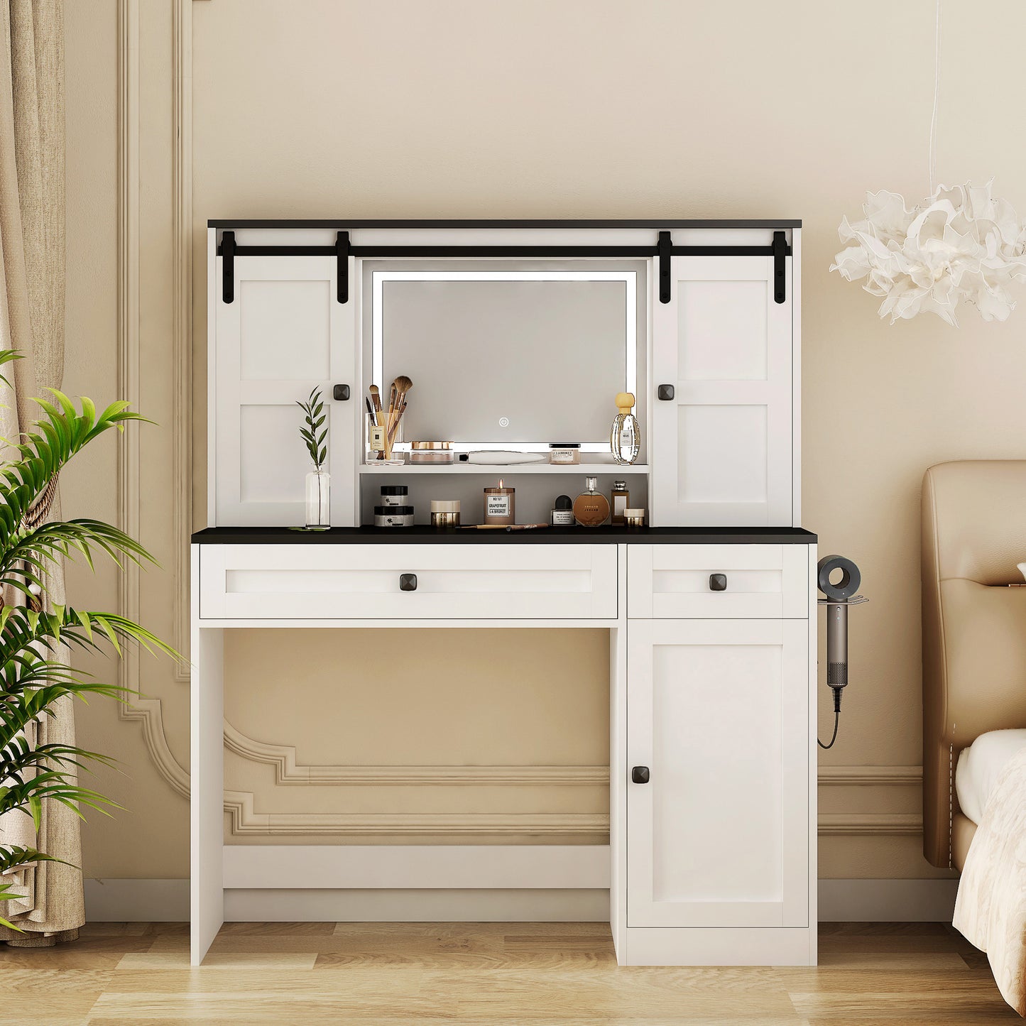 Farmhouse Dressing Table Makeup Table, 43' Wide Dressing Table with Lighted Mirror and Makeup Drawer, Large Modern Dressing Table Set with Hair Dryer Holder for Bedroom, White W1321P423102