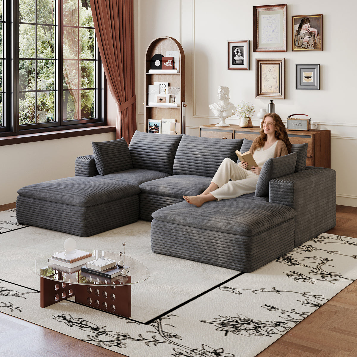 102' Cloud Sofa,Corduroy Fabric,Deep Seat Couches,Double-layer design,Removable  Cushion,No Assembly, DIY Combination for Living room, Bedroom,Conference room ,Apartment,Dark Grey  W2824S00225