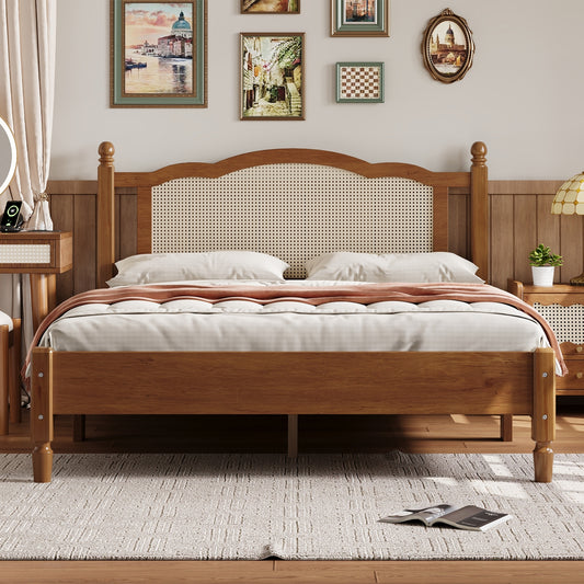 Queen Size Wooden Platform Bed with Natural Rattan Headboard, Vintage Bed Frame with Wooden Slat Support, Walnut  N733P180013D