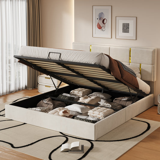 Queen Size Upholstered Platform Bed with Hydraulic Storage System,No Box Spring Needed,Beige  N733S362241A