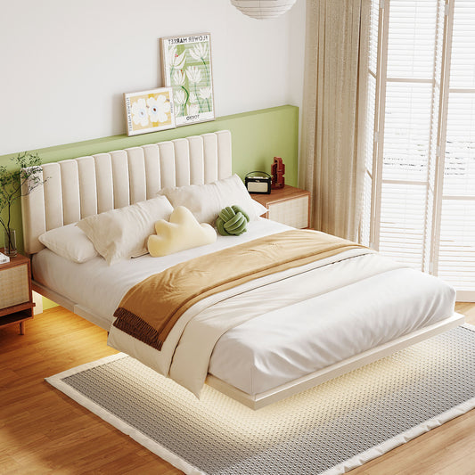 Queen Size Upholstered Bed with Sensor Light and Headboard, Floating Velvet Platform Bed, Beige  WF305618AAA