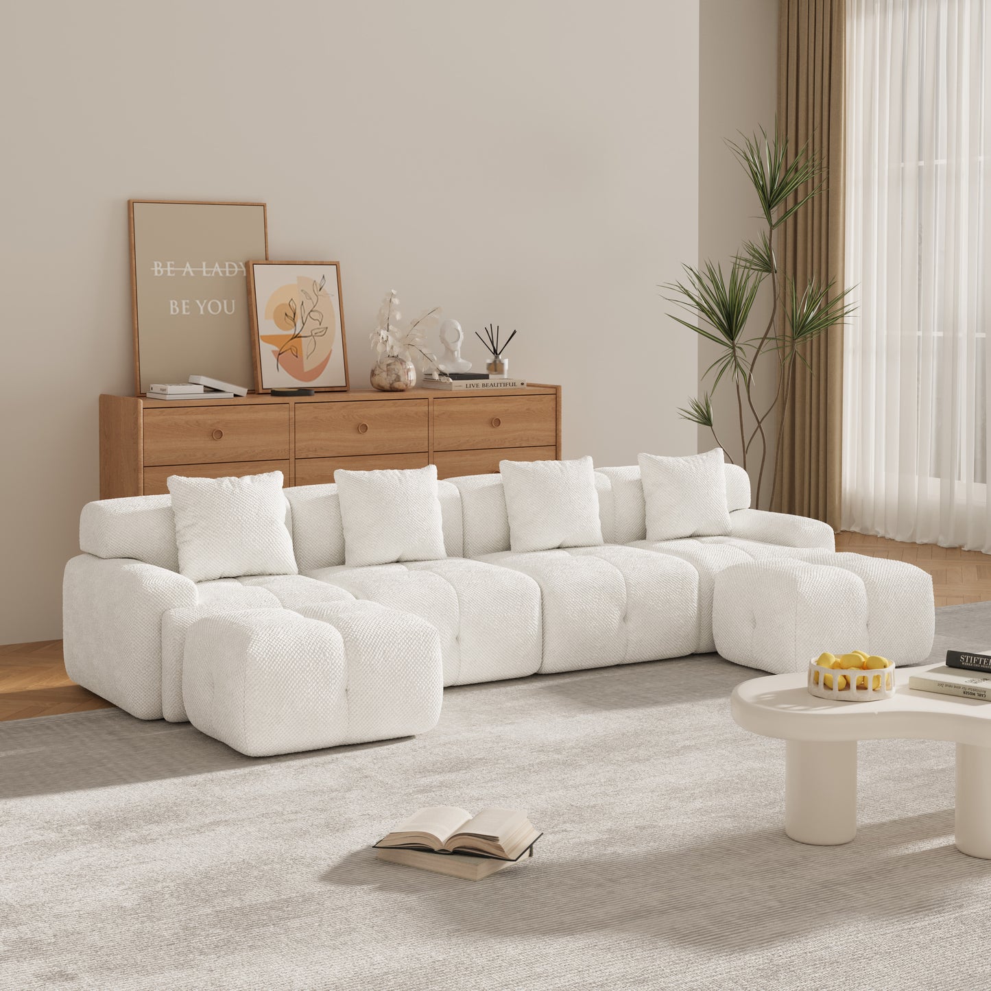 135.4' 6-Piece U-Shaped Sleeper Modular Sectional Sofa Bed Chaise, Oversized 4-Seater Boneless Convertible Block Cloud Tufted Floor Corner Couch Set with 2 Ottomans & 4 Pillows for Living Room, Ivory W3118S00022