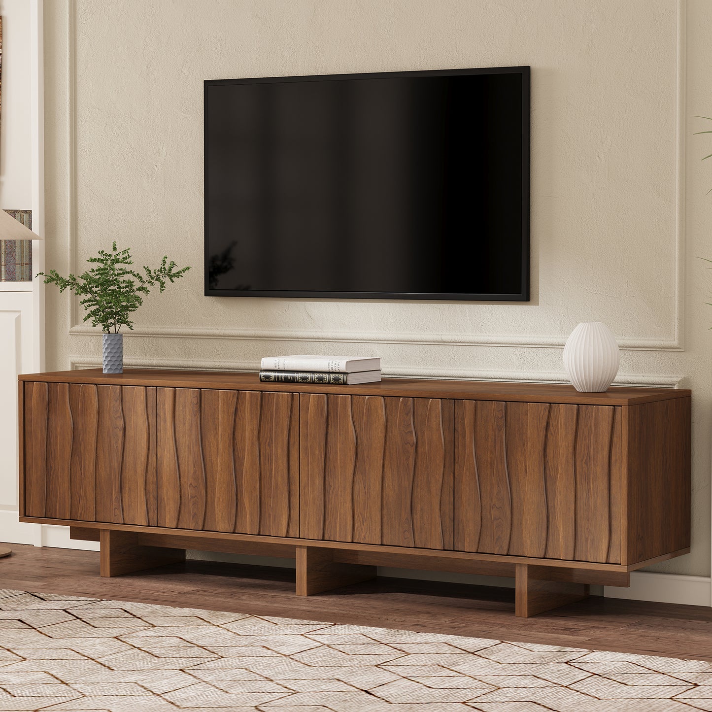 [Video Provided] Retro Style Wood Grain TV Stand with Wavy Door for TVs up to 75', Rustic Media Console with Ample Storage Space, Sturdy Base TV Cabinet with Cable Management for Living Room, Walnut N721P379534D