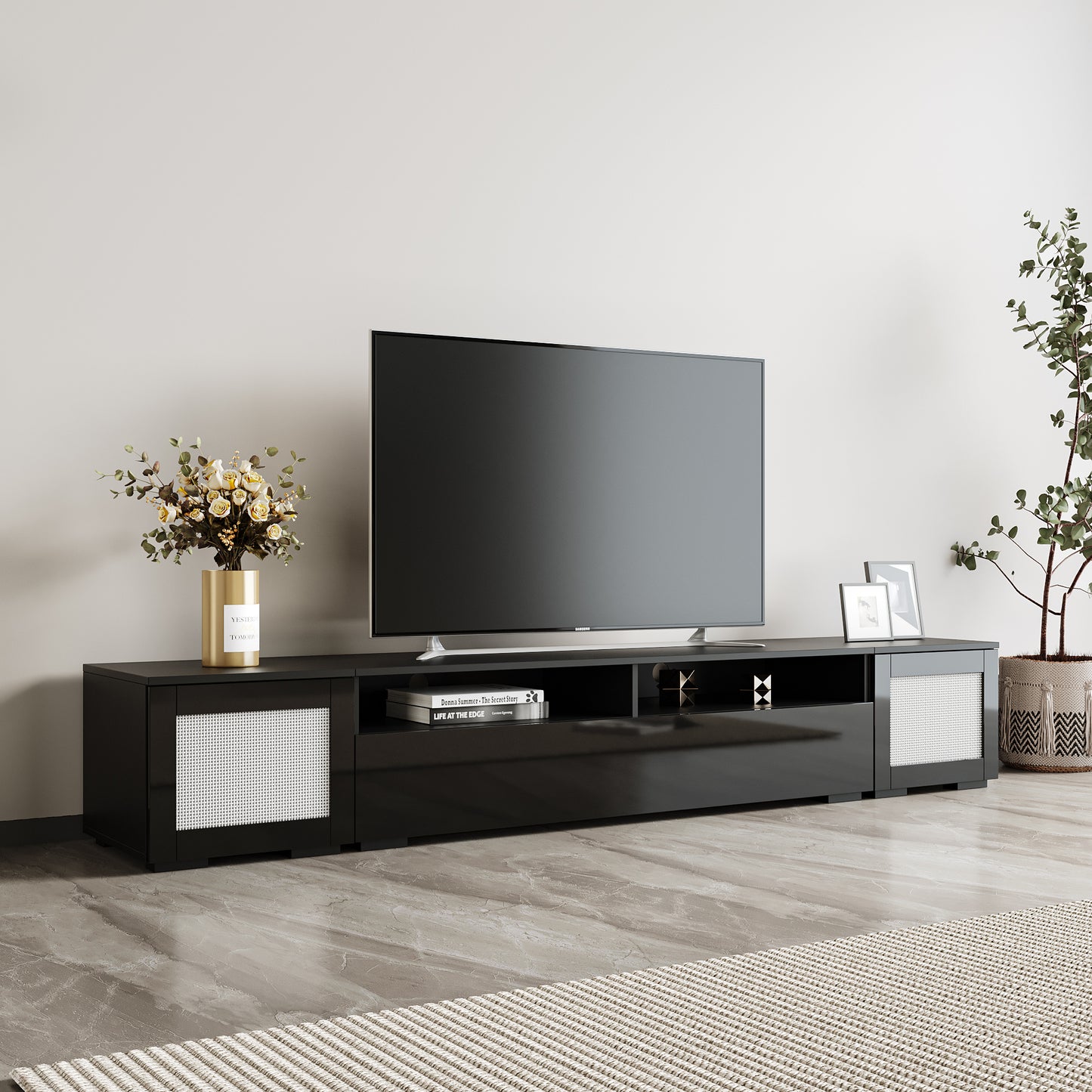 ON-TREND Rattan Style Entertainment Center with Push to Open Doors, 3-pics Extended TV Console Table for TVs Up to 90'', Modern TV Stand with Color Changing LED Lights for  Home Theatre, Black  WF300276AAB