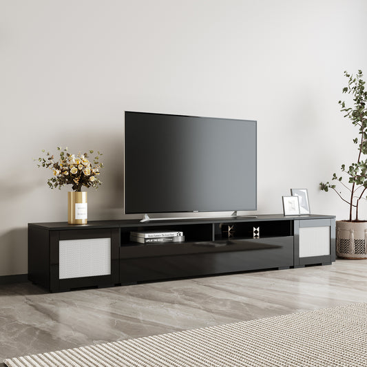 ON-TREND Rattan Style Entertainment Center with Push to Open Doors, 3-pics Extended TV Console Table for TVs Up to 90'', Modern TV Stand with Color Changing LED Lights for  Home Theatre, Black  WF300276AAB