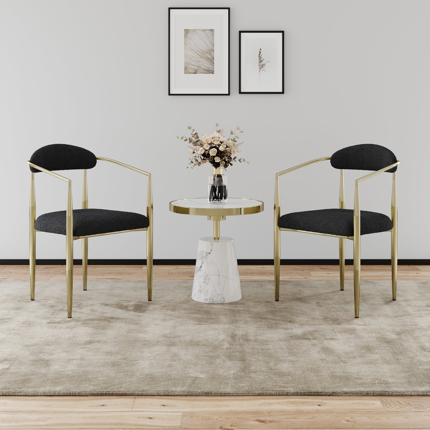 Woker Dining Chairs Set of 2, Mid-Century Modern Dining Chairs, Kitchen Dining Room Chairs, Round Boucle Backrest Sherpa Dining Chair with Black Metal Legs  W1567140144