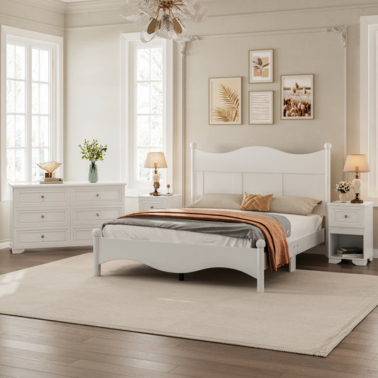 4-Pieces Retro Style Bedroom Sets, Queen Size Platform Bed with Elegant Design, Storage Nightstand and Dresser with Metal Handle, White  N733S199703K
