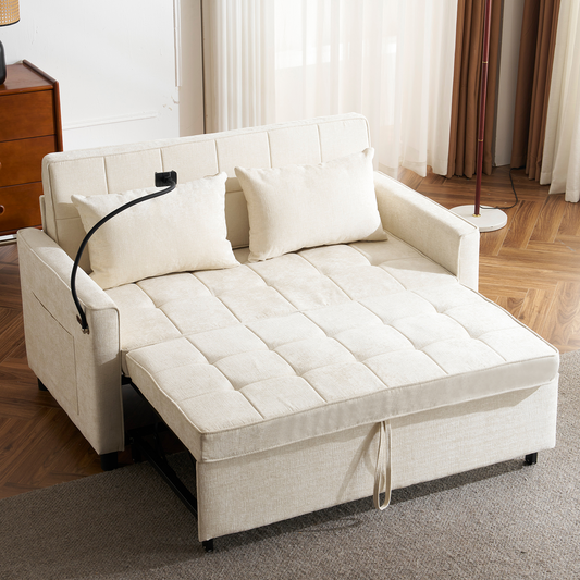 56.9' Loveseat Sofa Pull-out Sofa Bed Sleeper Sofa with a Reversible Backrest Cushion, Side Pockets, Two USB Ports and a Phone Holder for Living Room, Beige  N719P208853A