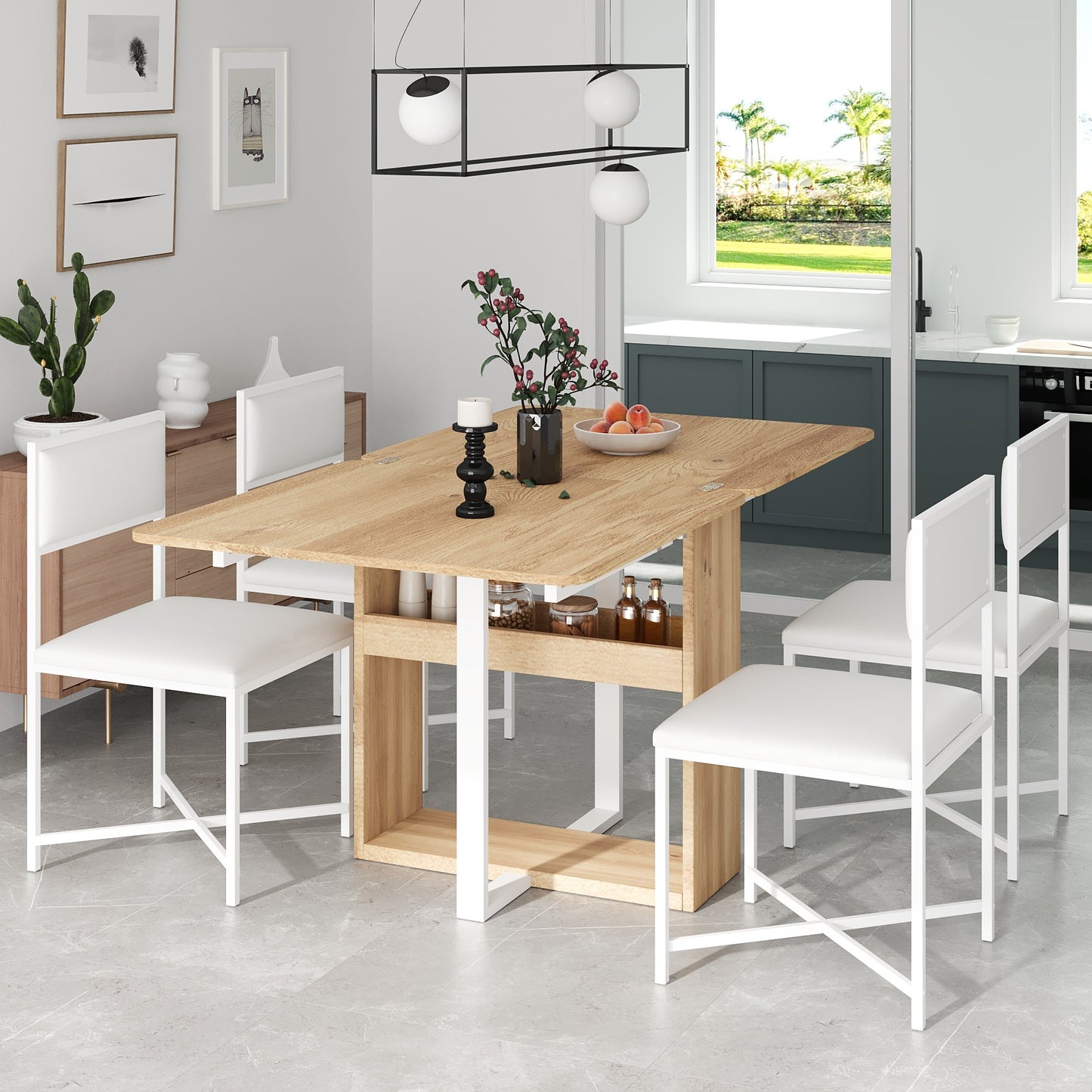TOPMAX Modern Compact 63inch 5-Piece Extendable Dining Table Set, Foldable Square Kitchen Table Set with Storage Rack and 4 PU Leather Upholstered Dining Chairs for Small Places, White SP000082AAK