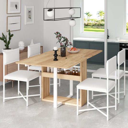 TOPMAX Modern Compact 63inch 5-Piece Extendable Dining Table Set, Foldable Square Kitchen Table Set with Storage Rack and 4 PU Leather Upholstered Dining Chairs for Small Places, White SP000082AAK