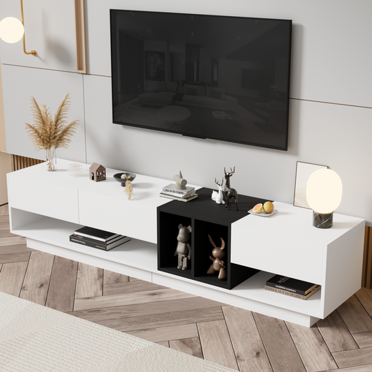 ON-TREND Sleek and Stylish TV Stand with Perfect Storage Solution, Two-tone Media Console for TVs Up to 80'', Functional TV Cabinet with Versatile Compartment for Living Room, White WF311772AAK
