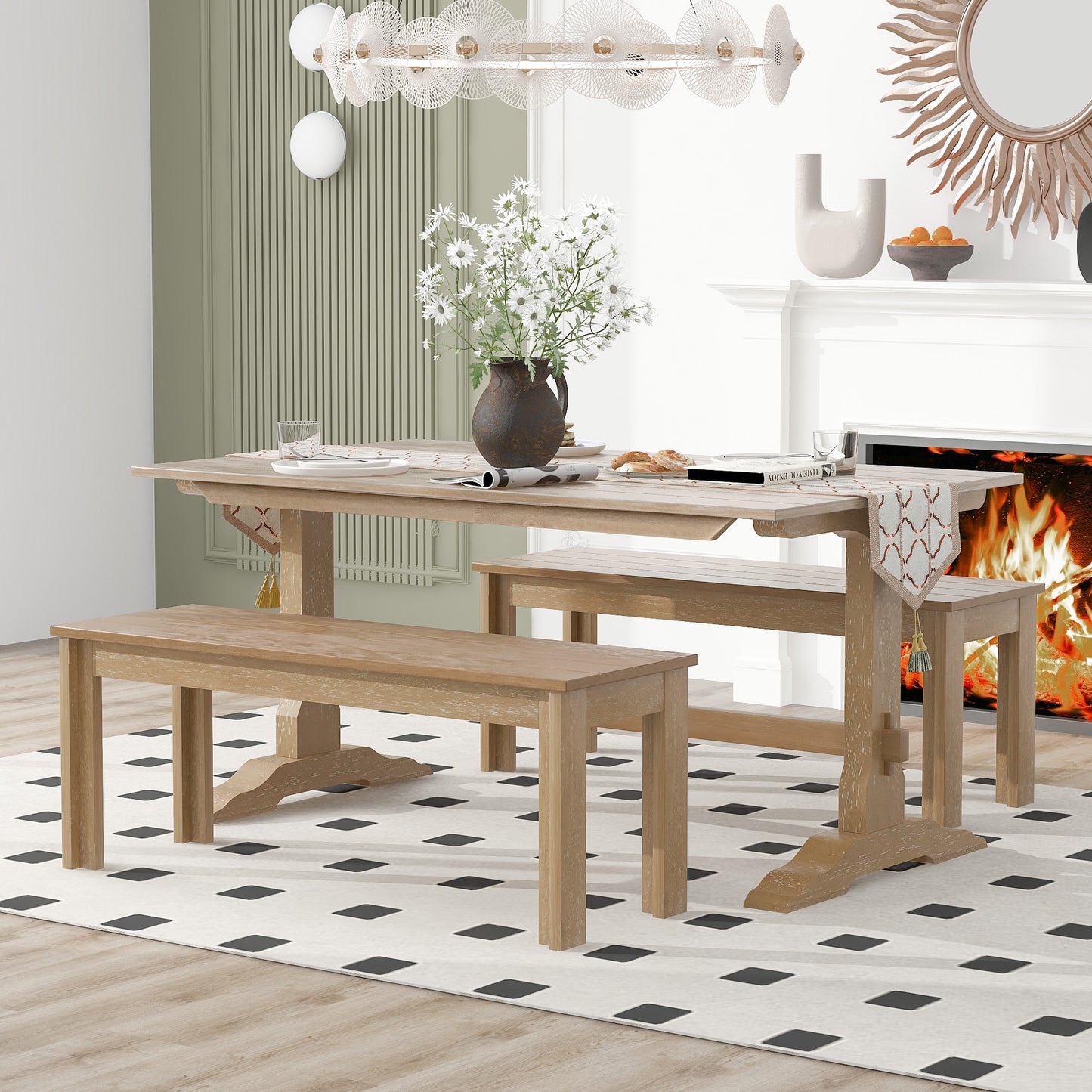 TREXM 3-Piece Retro Dining Set, Rectangular Trestle Table and 2 Wooden Benches for 4 People for Dining Room and Kitchen (Natural Wood)  ST000122AAD