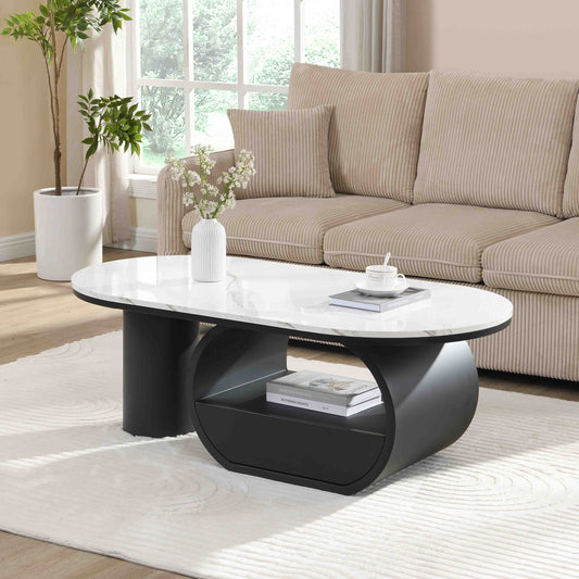 Luxury Modern Oval Coffee Table, 47.24'' Coffee Table with Storage Drawer, Faux Marble Top, Black Metal Center Table for Living Room W821S00031