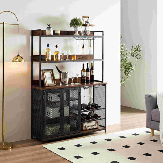 Coffee Bar Cabinet with Power Outlet, Industrial Buffet Cabinet with LED Strip and Glass Holder, 3-Tiers Liquor Cabinet Bar for Home, Dining Room, Kitchen, Vintage Brown W1705P179846