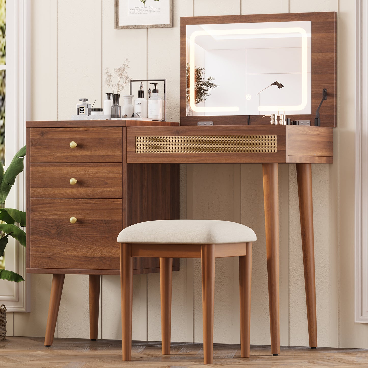 39' Retro Bohemian Style Vanity, Vantiy Desk with Mirror and  LED Lights, Dressing Table with Flip-Top Tabletop, Vanity Desk with Storage 3 Drawers, 10 Compartments, Makeup Vanity Set for Home, Walnut N733P361800D