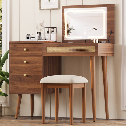 39' Retro Bohemian Style Vanity, Vantiy Desk with Mirror and  LED Lights, Dressing Table with Flip-Top Tabletop, Vanity Desk with Storage 3 Drawers, 10 Compartments, Makeup Vanity Set for Home, Walnut N733P361800D