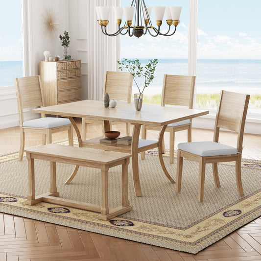 TOPMAX 6-Piece Wood Dining Table Set with Storage Shelf and Curved Legs, Kitchen Table Set with Bench and 4 Removable Cushions Dining Chairs, Modern Style, Natural+Beige Cushion  SP000061AAA