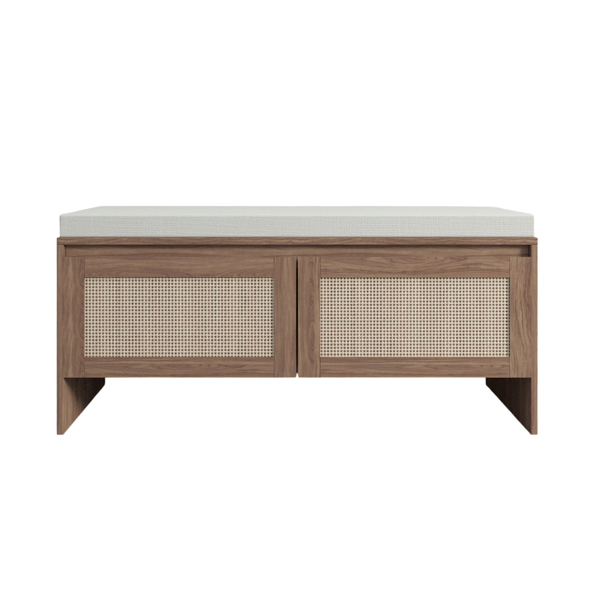 Mid-Century Modern PP Rattan Storage Bench with Cushion, Faux Rattan Shoe Cabinet with 2 Doors, Natural Finish, Wood and Rattan Construction, 39.4 x 15.75 x 17.72 inches  W808P316354