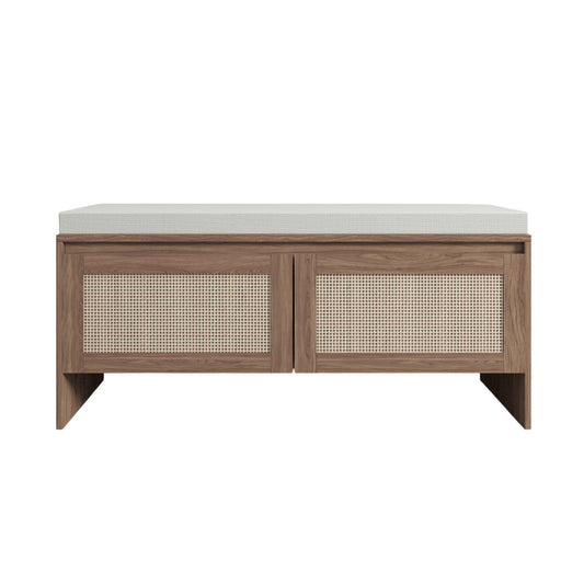 Mid-Century Modern PP Rattan Storage Bench with Cushion, Faux Rattan Shoe Cabinet with 2 Doors, Natural Finish, Wood and Rattan Construction, 39.4 x 15.75 x 17.72 inches  W808P316354