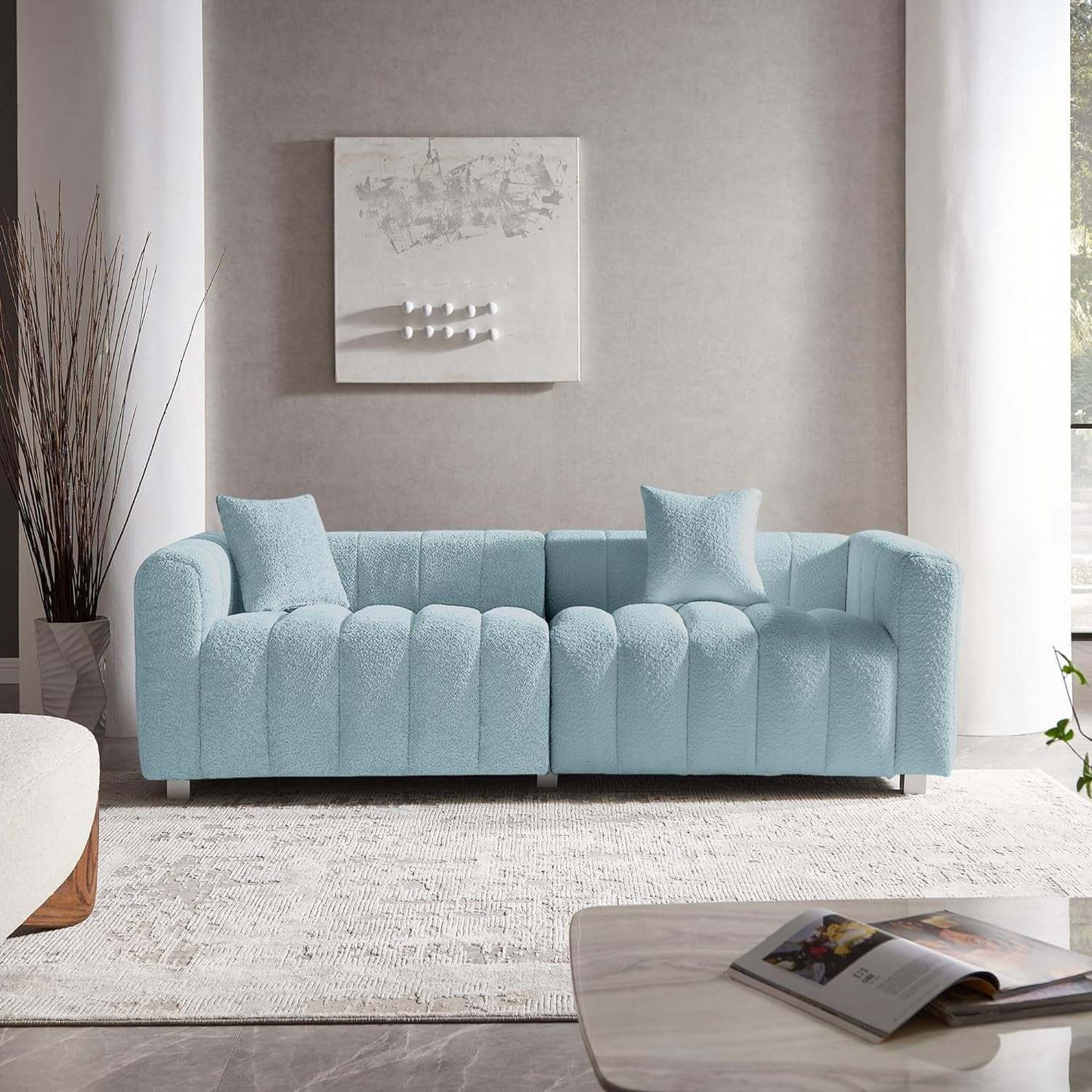 83.46'' Premium Velvet Sofa 3-Seater Loveseat, Modern Bubble Upholstered Couch with Metal Base Legs and 2 Pillows for Living Room, Bedroom. W2795S00040