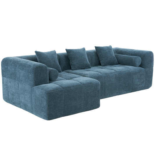 Modern Modular Sofa with Deep Seating, Two Side Pockets, and Plush Pillows in Blue Chenille Fabric, 101.2' N719S001890C