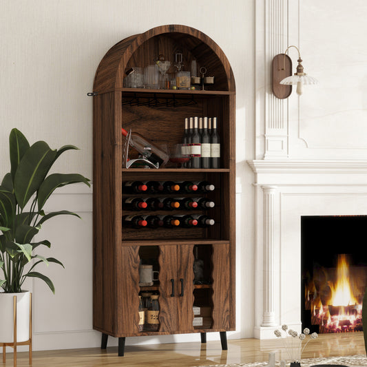 71'Farmhouse Arched Bar Cabinet: tall arched display cabinet , arch wine bar cabinets &coffee bar, whiskey station with wine rack and Wine Glass Holder - Liquor Bars Cabinet for Living Dining Room  W2977P338256