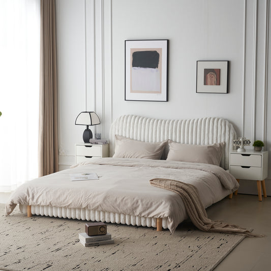 Sleek White Boucle Upholstered Bed with Wavy Headboard & Vertical Stitching, King  N769P261294W