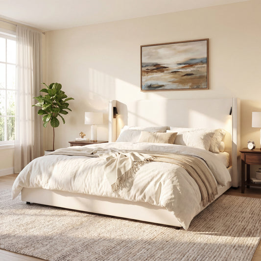 California King Size Upholstered Bed Frame With High Wingback Headboard,Reading Lamp And USB Port,Beige  N757P386661B