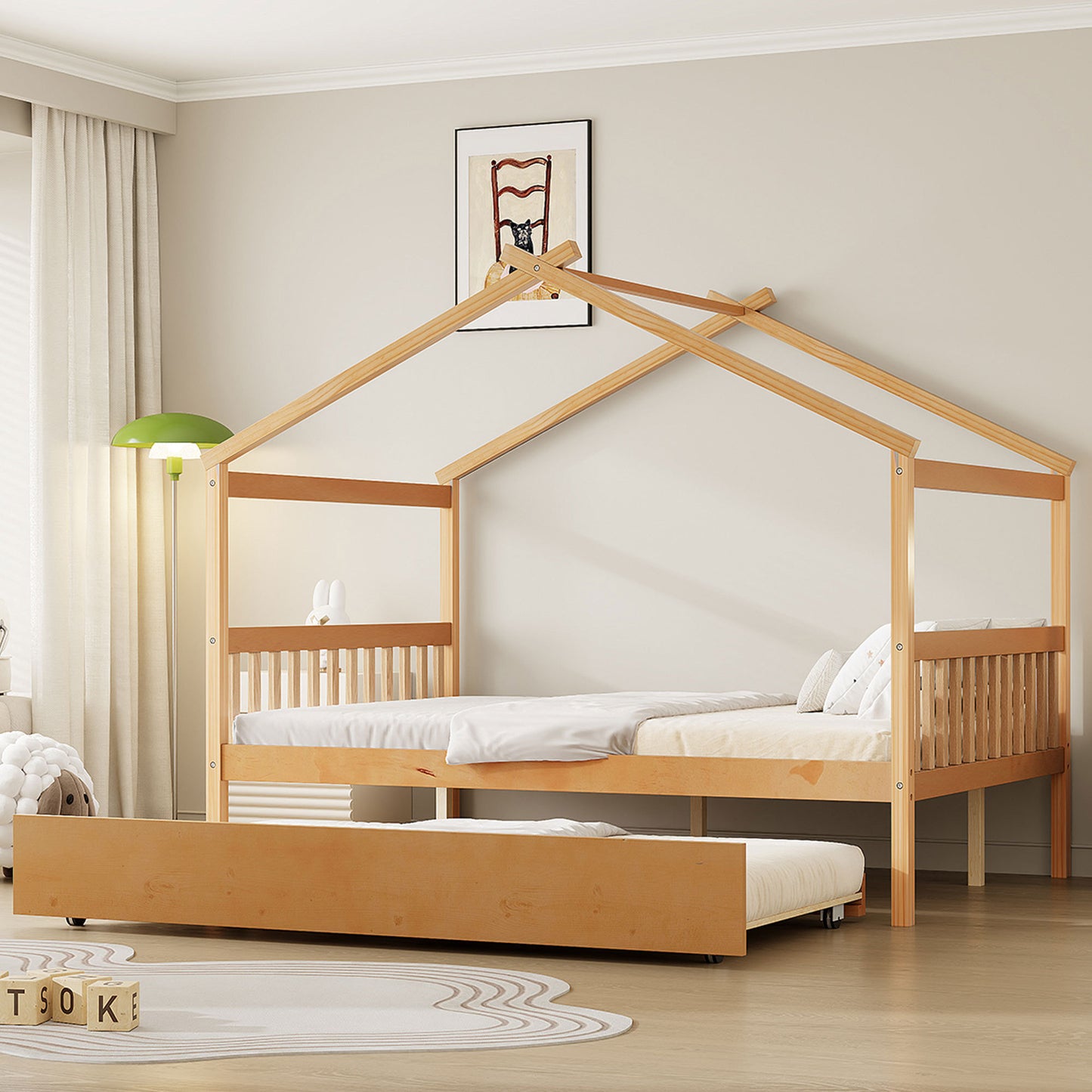 Full Size Wooden House Bed with Twin Size Trundle, , Natural(OLD SKU:LP000305AAN) LP000305AAM-1