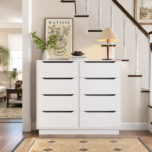 White Dresser for Bedroom, Long Dresser with 8 Drawers, 47.2''W Wooden Dressers Chest of 8 Drawers, Large Capacity Clothing Storage Cabinet, Wide Dressers for Bedroom Living Room Entryway  W409S00026
