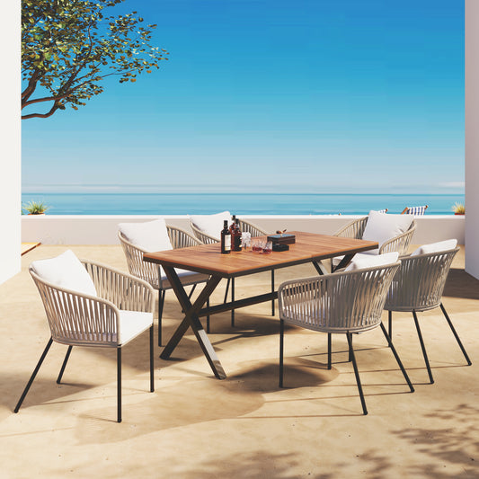 GO 7 Pieces Patio Dining Set, All-Weather Outdoor Furniture Set with Dining Table and Chairs, Acacia Wood Tabletop, Metal Frame, for for Garden, Backyard, Balcony, Beige FG201234AAA
