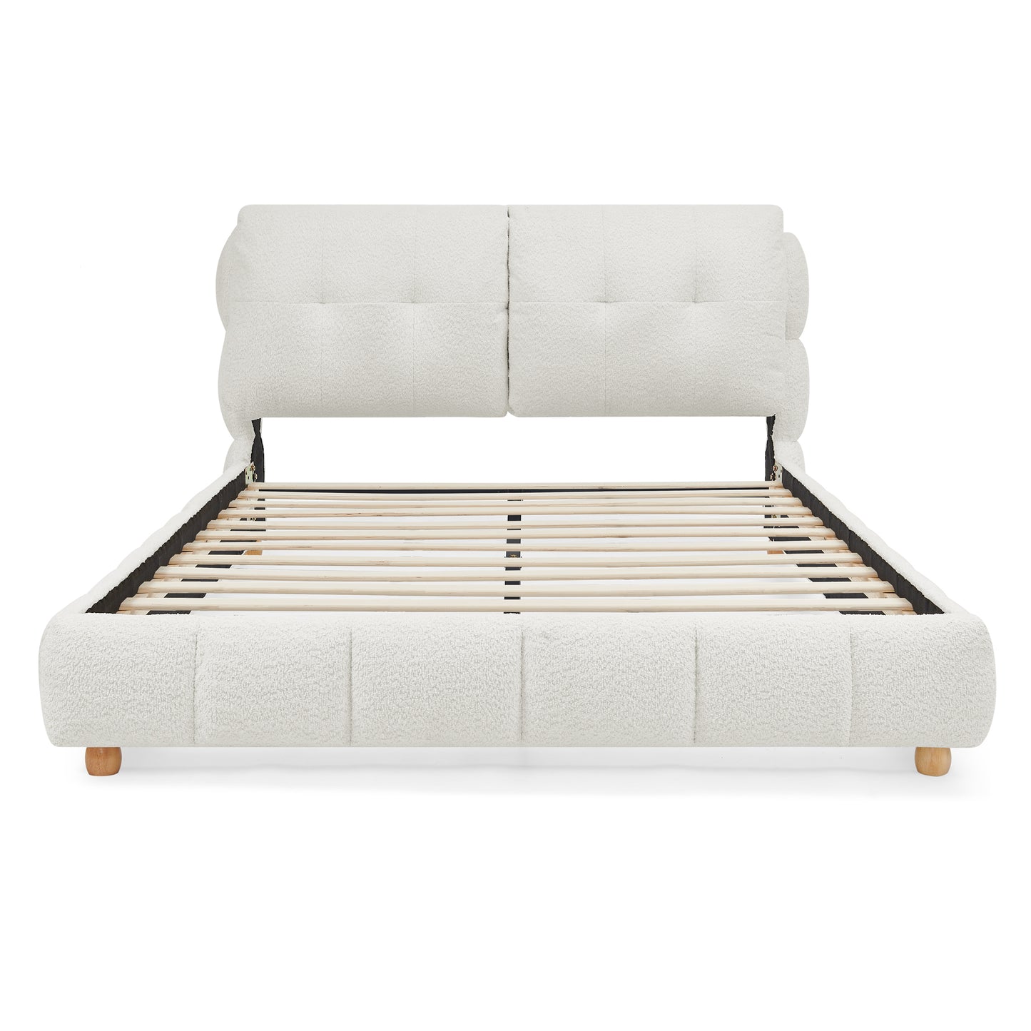 Modern Luxury Queen Cream Bouclé Upholstered Platform Bed with Solid Wood Legs, No Box Spring Needed  W1413S00183