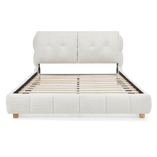 Modern Luxury Queen Cream Bouclé Upholstered Platform Bed with Solid Wood Legs, No Box Spring Needed  W1413S00183