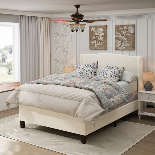 Queen Size Bed Frame with 49.21'High Back Upholstered Headboard and 27.17' High Footboard,Teddy Velvet,12 Slat Support,Solid Wood Feet,No Box Spring Needed(white)  W1716P335671