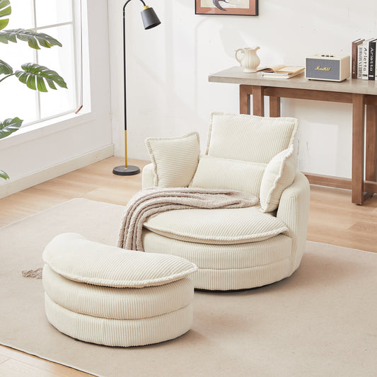 38'W Oversized Swivel Chair with moon storage ottoman for Living Room, Modern Accent Round Loveseat Circle Swivel Barrel Chairs for Bedroom Cuddle Sofa Chair Lounger Armchair, 4 Pillows,CORDUROY  W834P150050