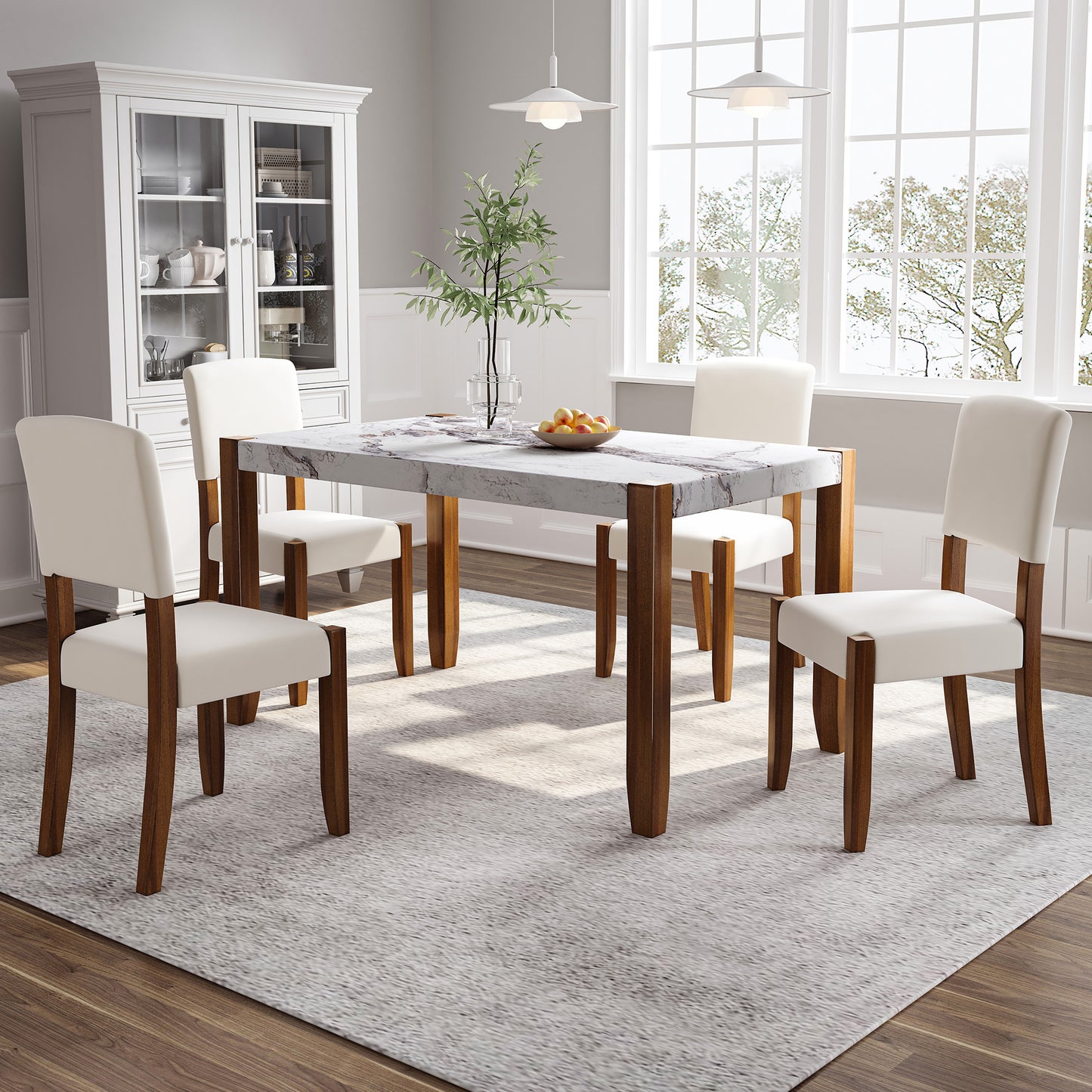 5-Piece Modern Dining Furniture Set, 4-Person Space-Saving Dinette for Kitchen, 46' Faux Marble Style Table and 4 Upholstered Chairs with Solid Rubberwood Legs  SQ000885AAK