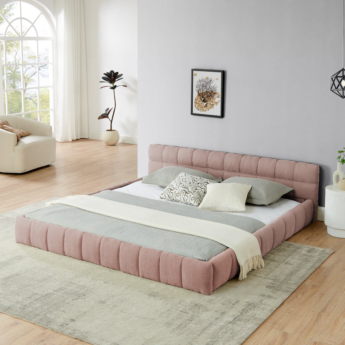 King size  Upholstered Bed Frame with Thick Fabric, Chenille Fabric Grounded Queen Size Platform Bed with Headboard and Solid Frame. No Box Spring Needed-Pink(88.5''*85.5''*24'')  W487P246686