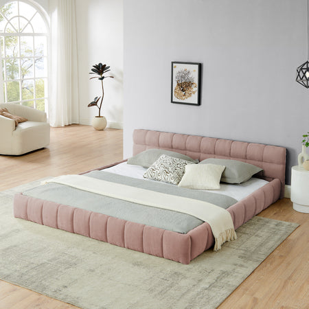 King size  Upholstered Bed Frame with Thick Fabric, Chenille Fabric Grounded Queen Size Platform Bed with Headboard and Solid Frame. No Box Spring Needed-Pink(88.5''*85.5''*24'')  W487P246686