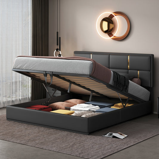Queen Size Upholstered Platform Bed with Hydraulic Storage System,No Box Spring Needed,Black  N733P207778B